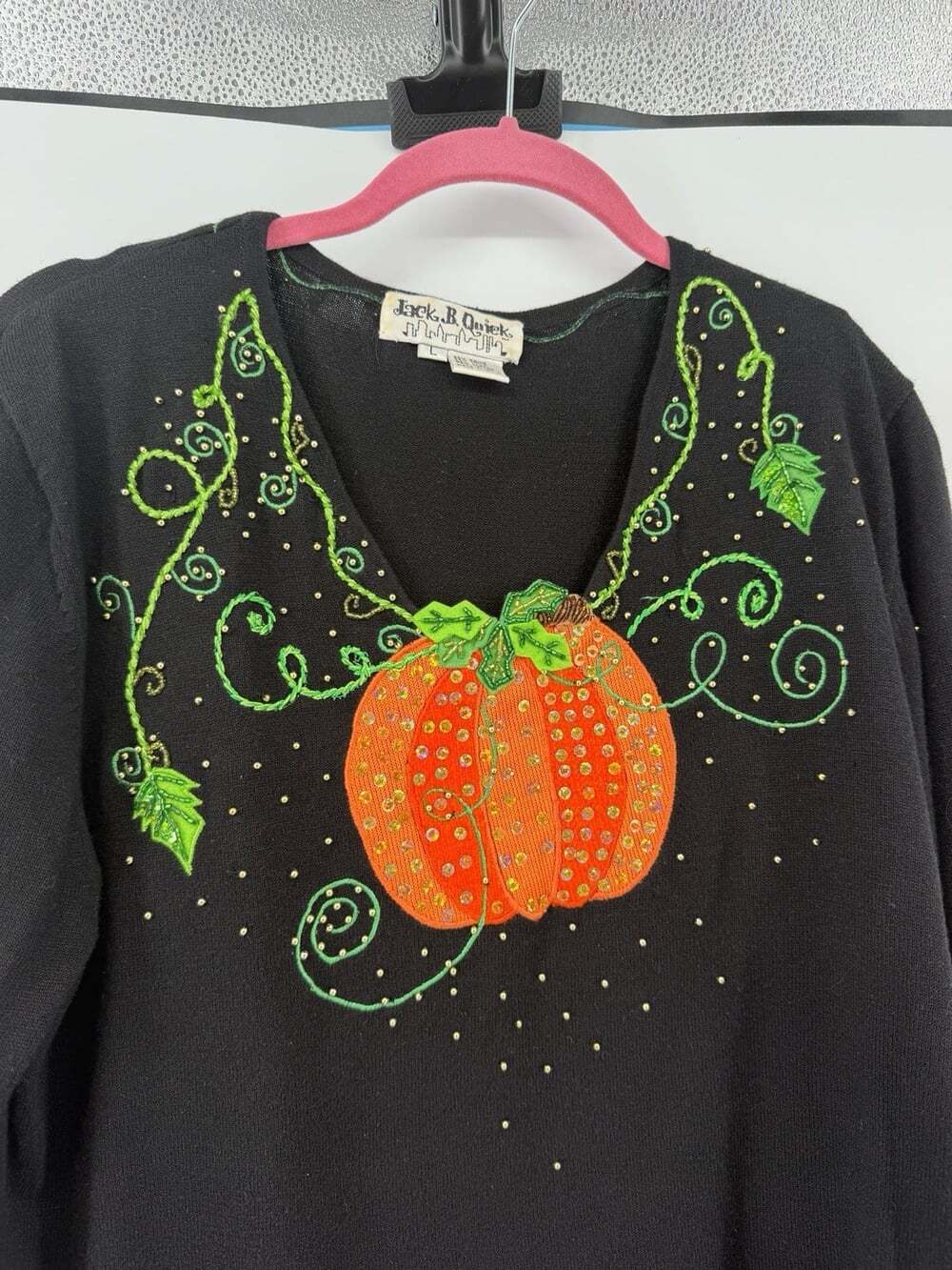 Jack B Quick Sweater Womens L Black Pumpkin Beaded Fall Halloween Top